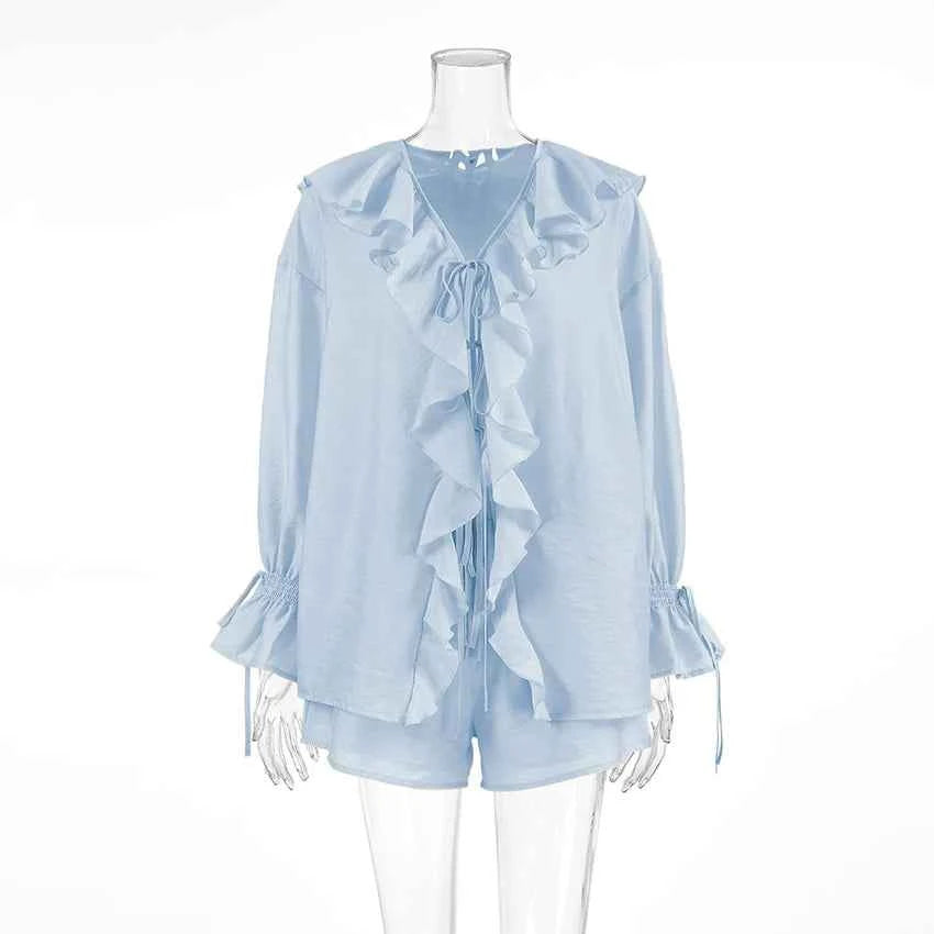 Tornova Women's Ruffled Spring Shorts & V-Neck Set