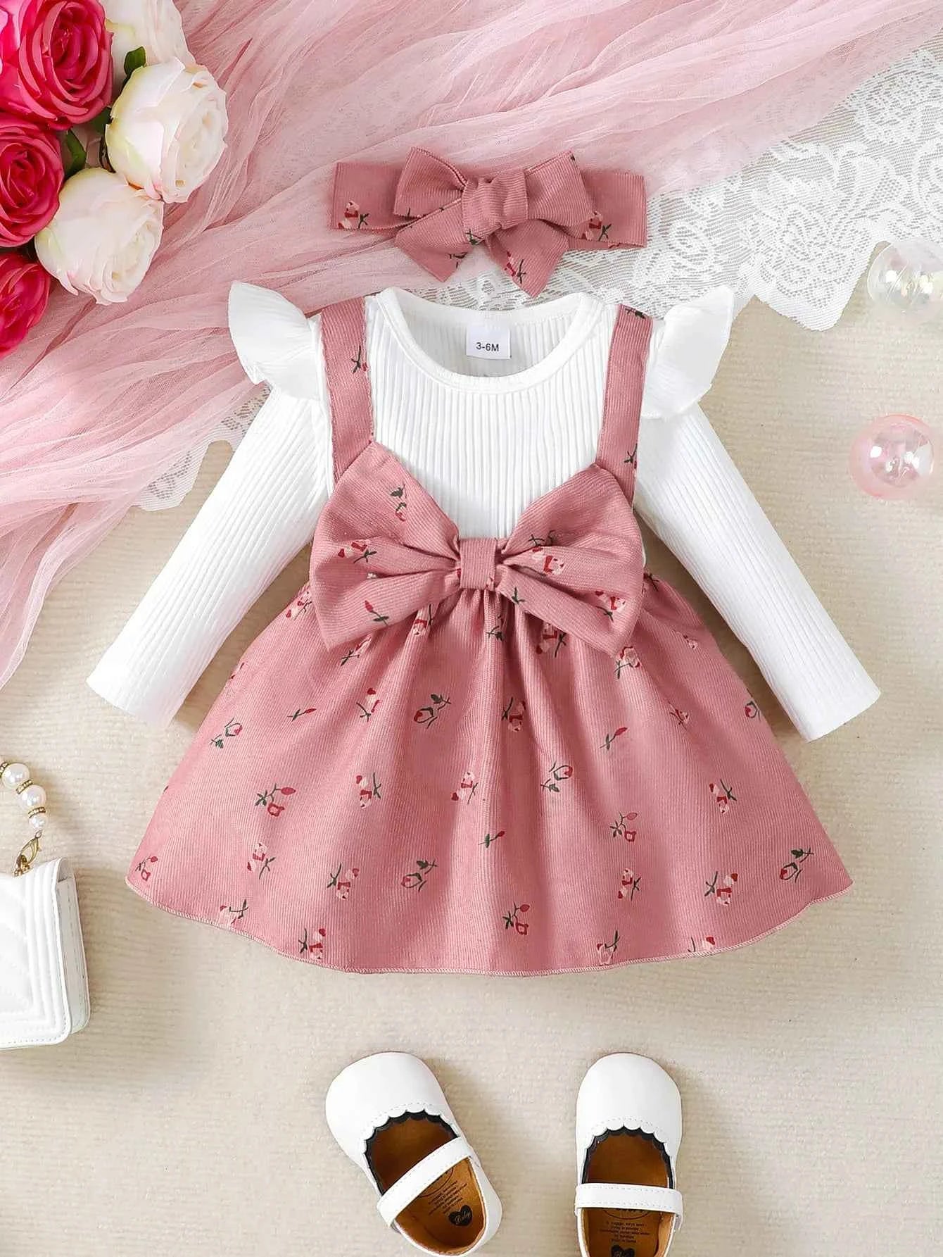 Floral Big Bow Dress Set for Infants 0-24 Months