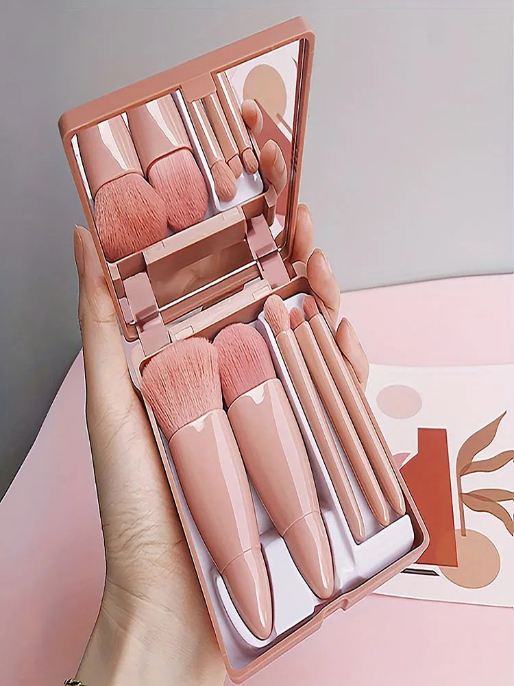 Travel-Ready: 5Pcs Portable Makeup Brush Set with Mirror