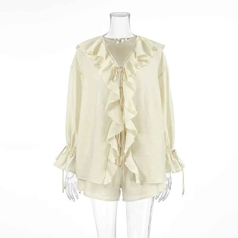 Tornova Women's Ruffled Spring Shorts & V-Neck Set