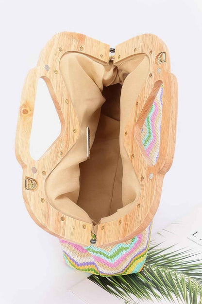 Faux Straw Wood Frame Clutch