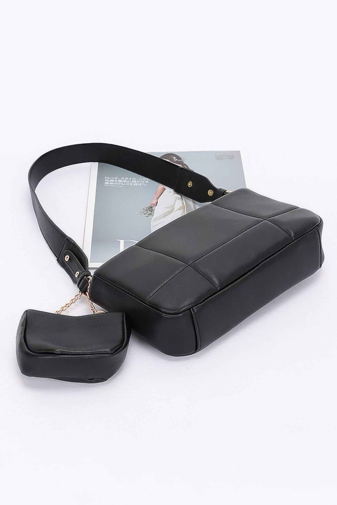 Quilted Faux Leather Shoulder Bag W/ Airpod Bag