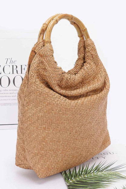 Faux Straw Bamboo Handle Handbag