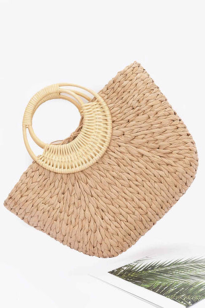Faux Straw Bamboo Handle Tote Bag