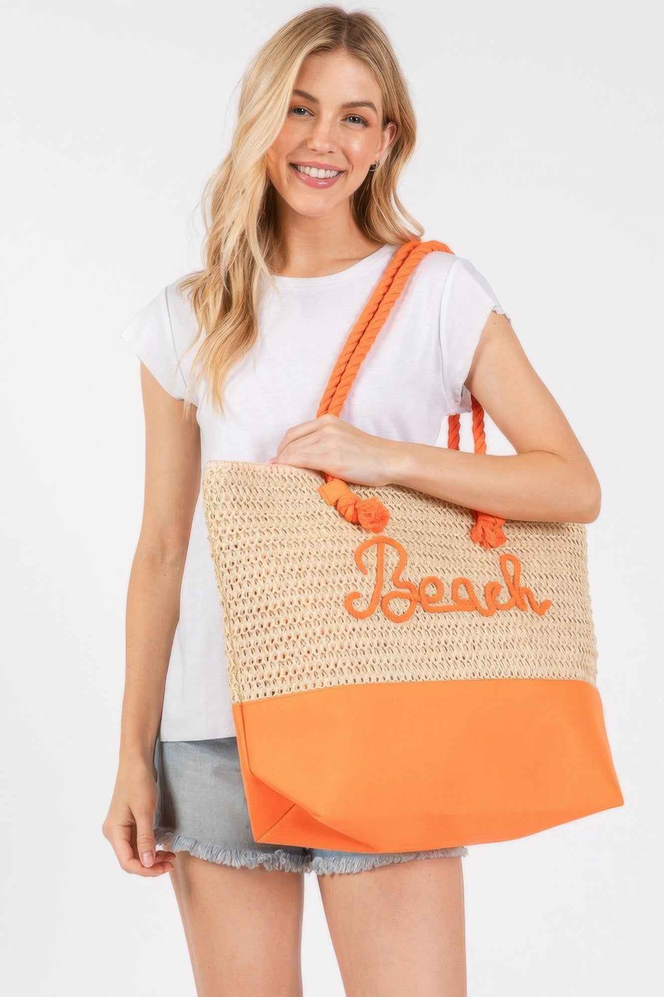 Color Sewn Rope Beach Letter And Strap Crochet Fabric Tote