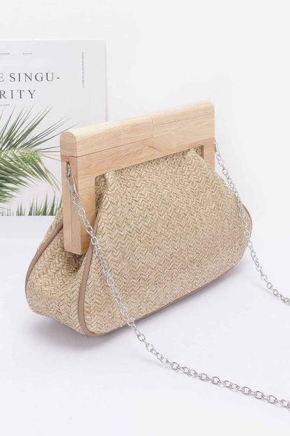 Faux Straw Wood Frame Clutch