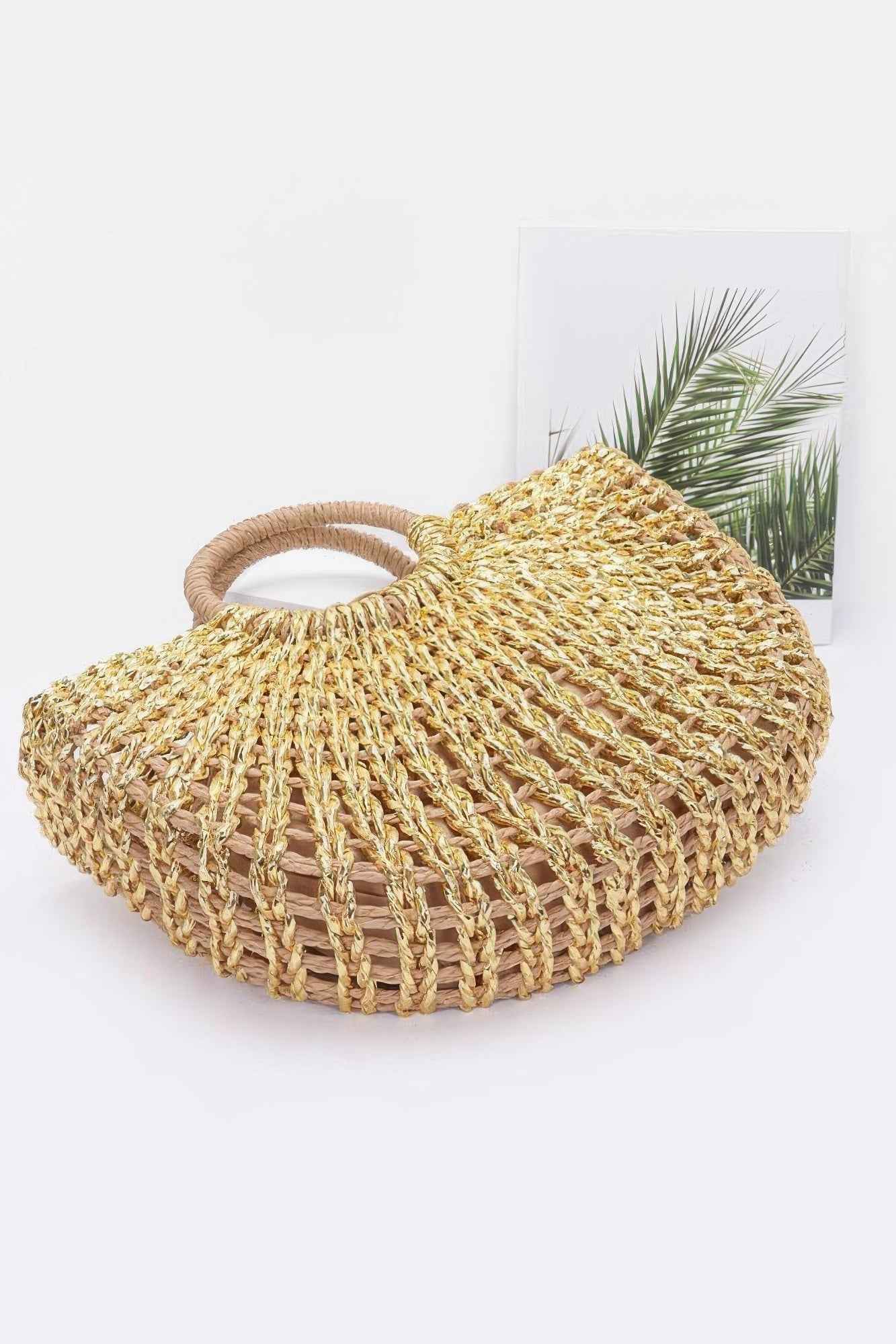 Metallic Faux Straw Tote Bag W Pouch