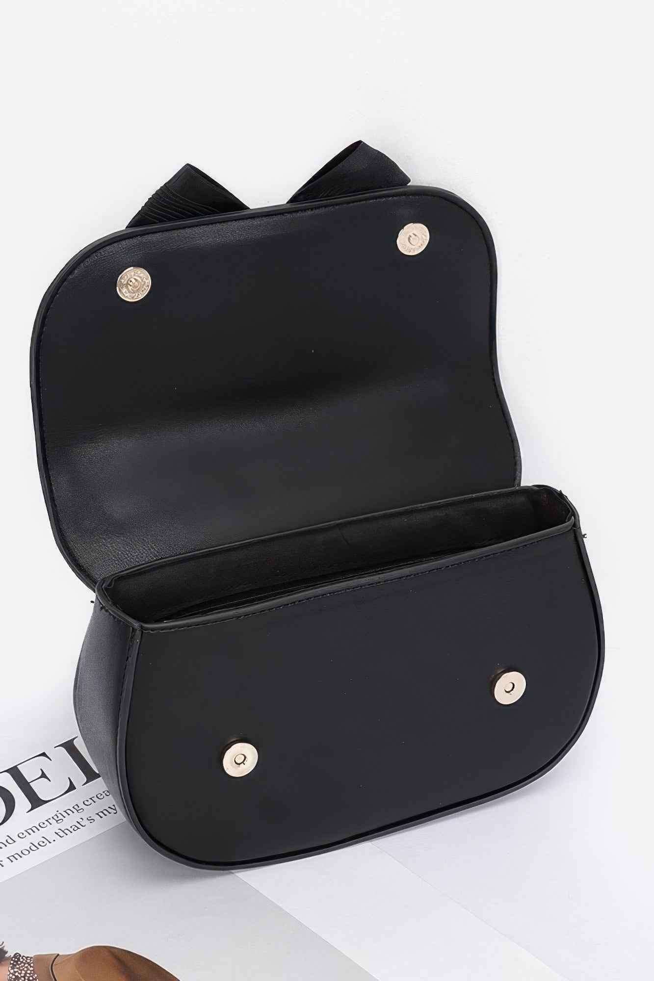 Faux Leather Flower Ribbon Top Handle Flap Bag