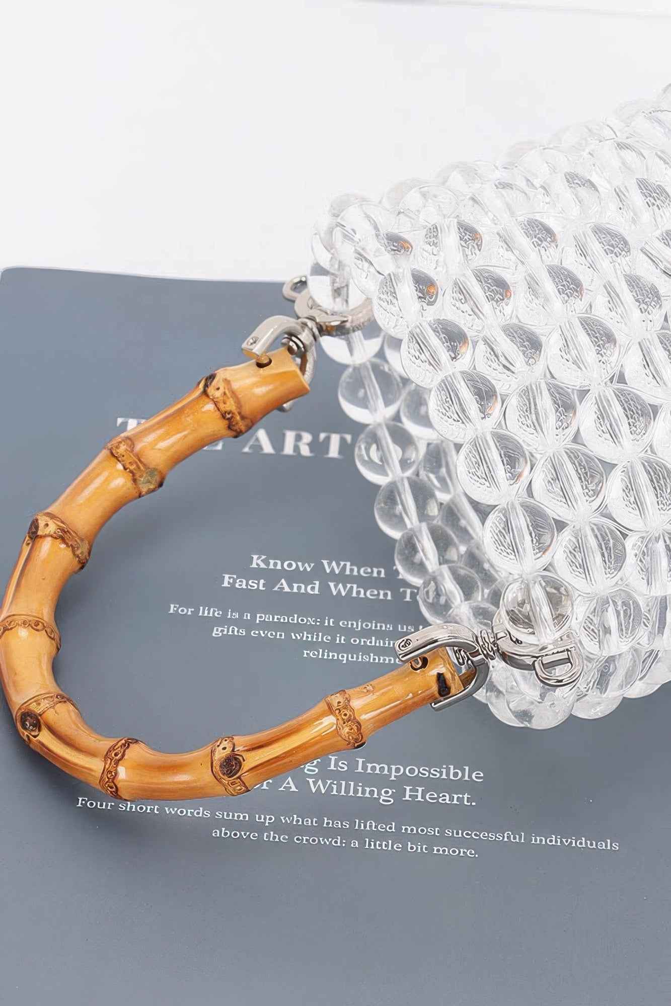 Bamboo Handle Transparent Bead Chic Tote Bag