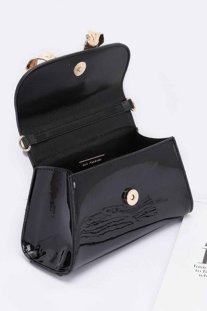 Faux Leather Metal Ribbon Top Handle Bag