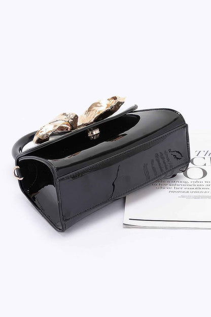 Faux Leather Metal Ribbon Top Handle Bag