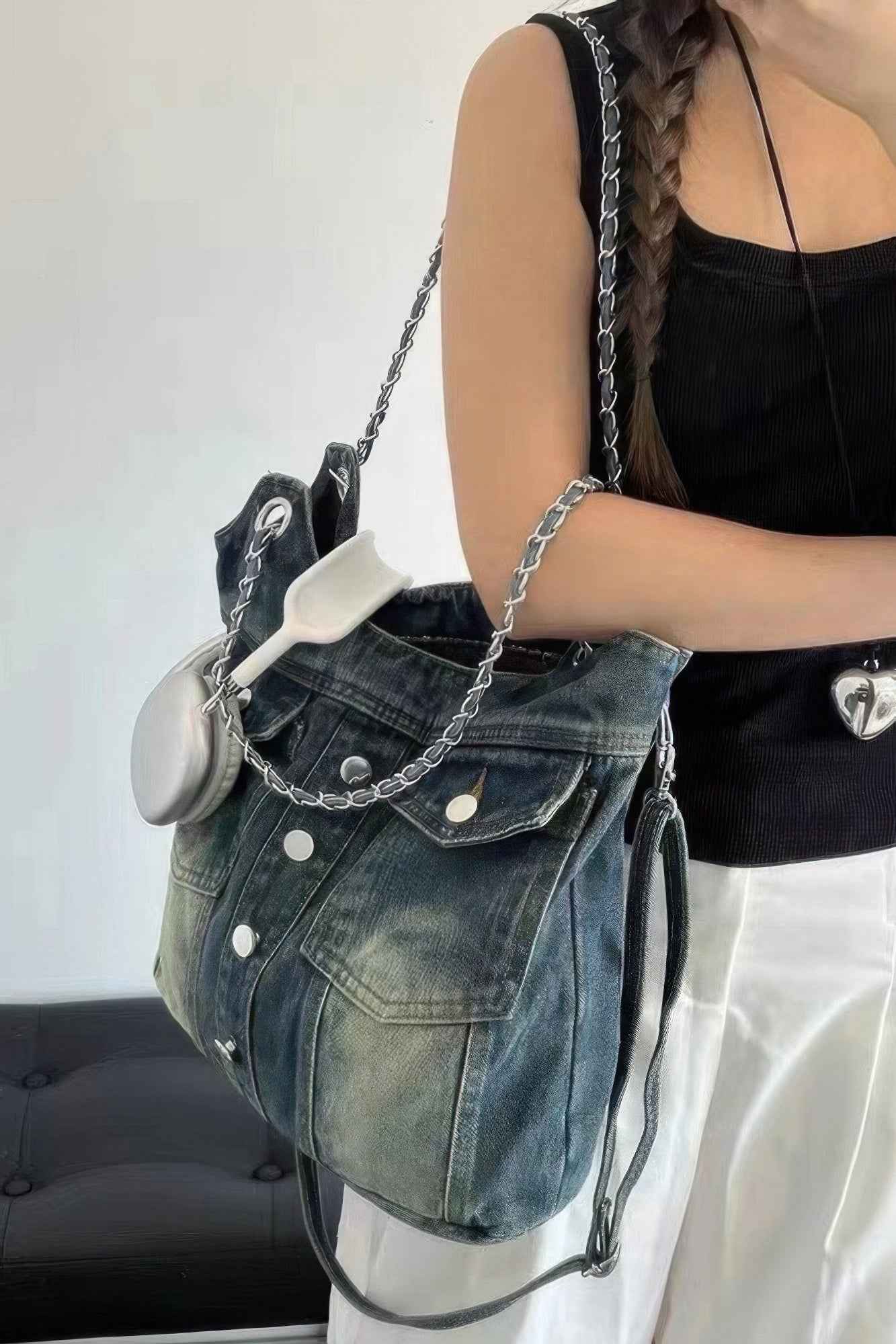 Washed Denim Double Pockets Tote Bag