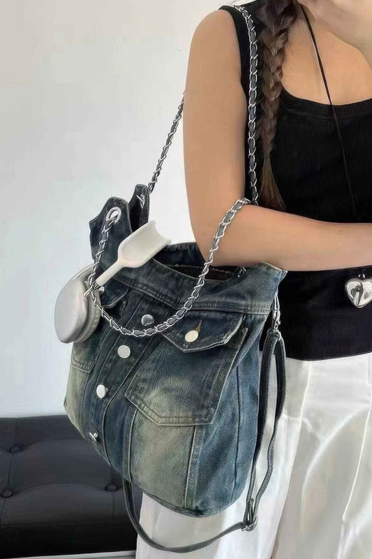 Washed Denim Double Pockets Tote Bag