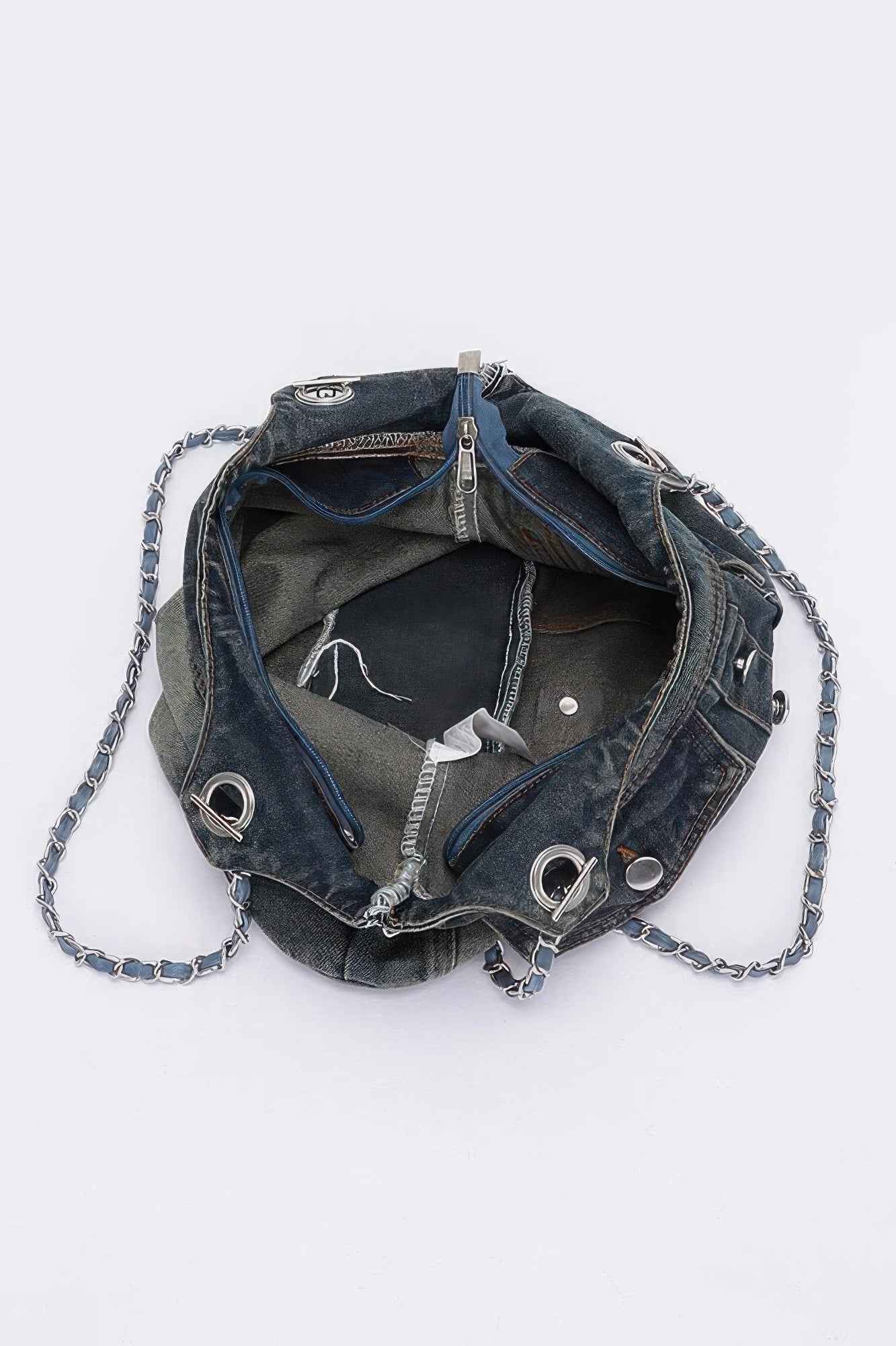 Washed Denim Double Pockets Tote Bag