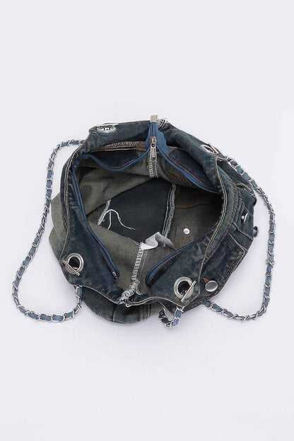 Washed Denim Double Pockets Tote Bag