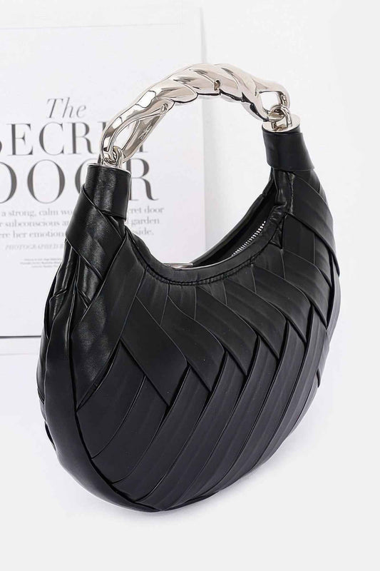 Faux Leather Braided Metal Handle Clutch