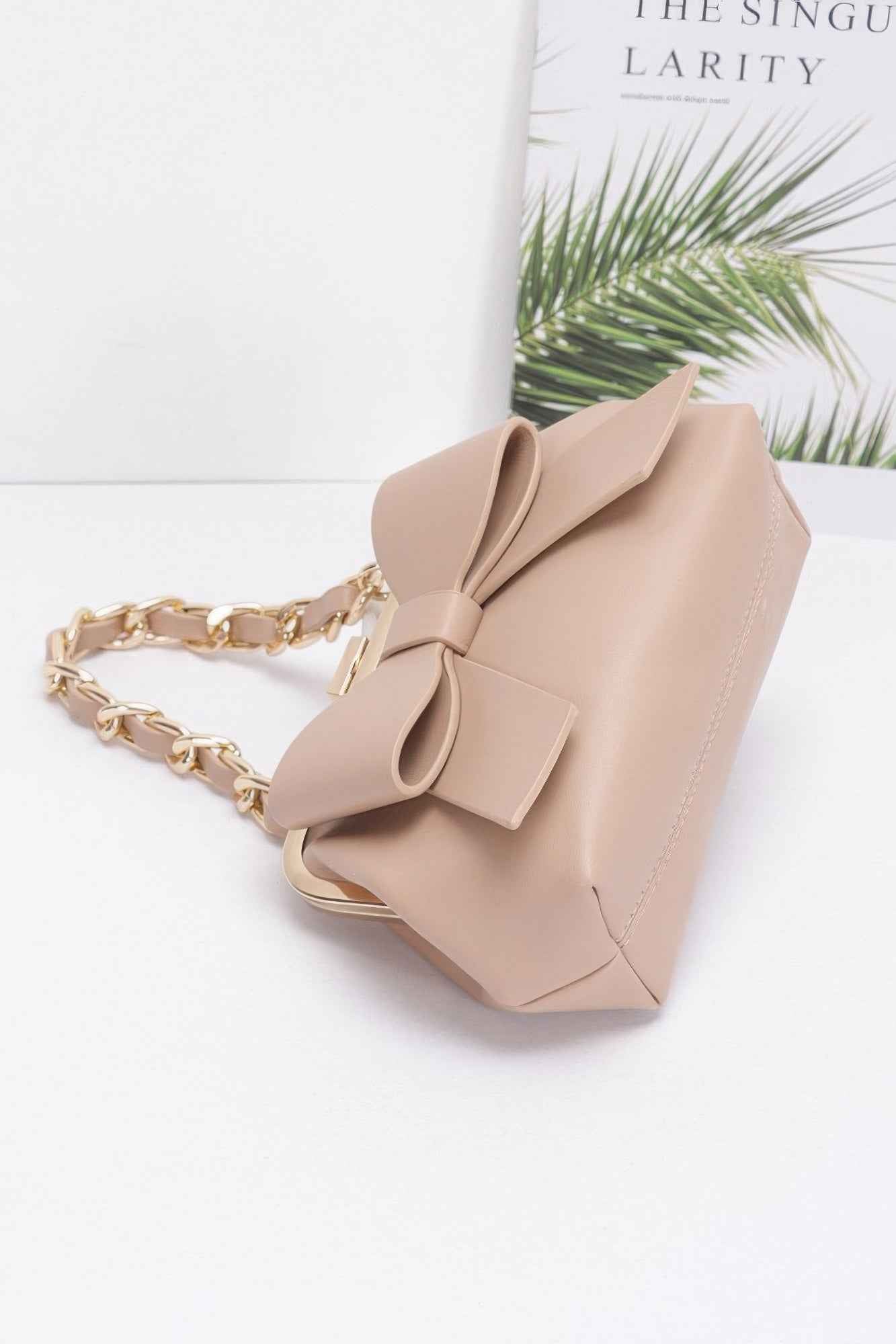 Faux Leather Ribbon Chain Handle Party Clutch