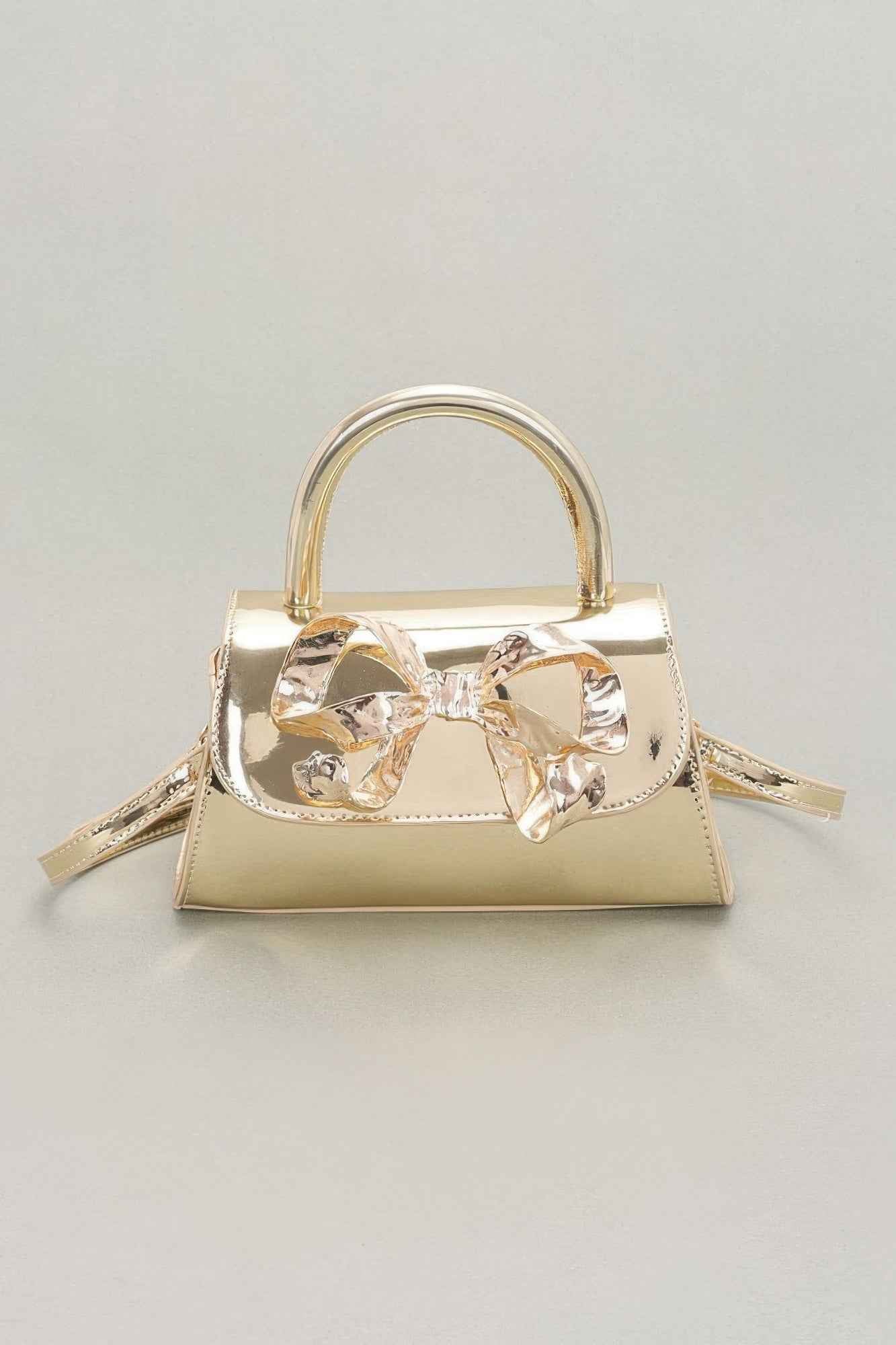 Faux Mirror Leather Ribbon Metal Top Handle Bag