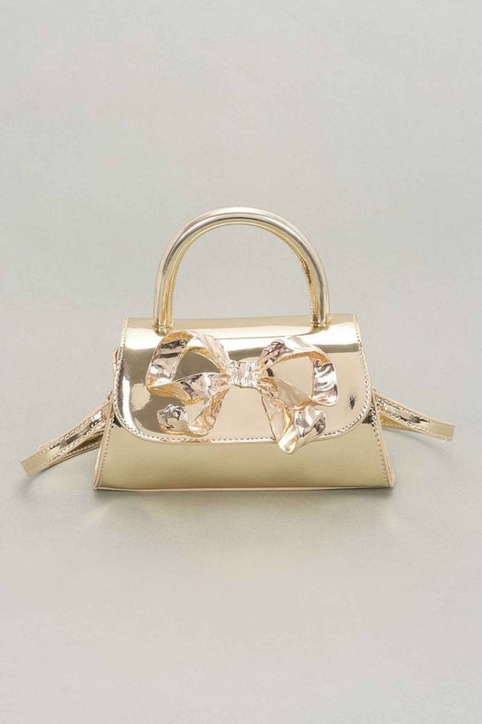 Faux Mirror Leather Ribbon Metal Top Handle Bag