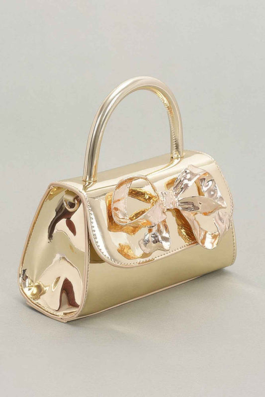 Faux Mirror Leather Ribbon Metal Top Handle Bag