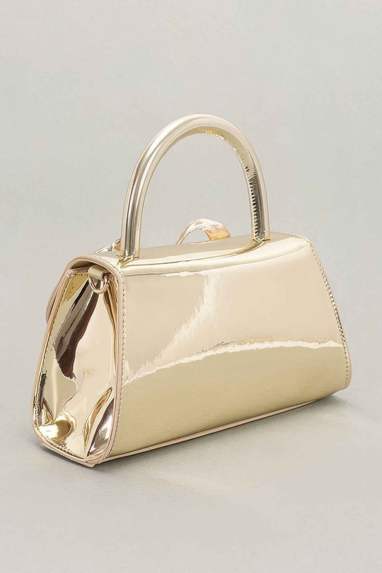 Faux Mirror Leather Ribbon Metal Top Handle Bag
