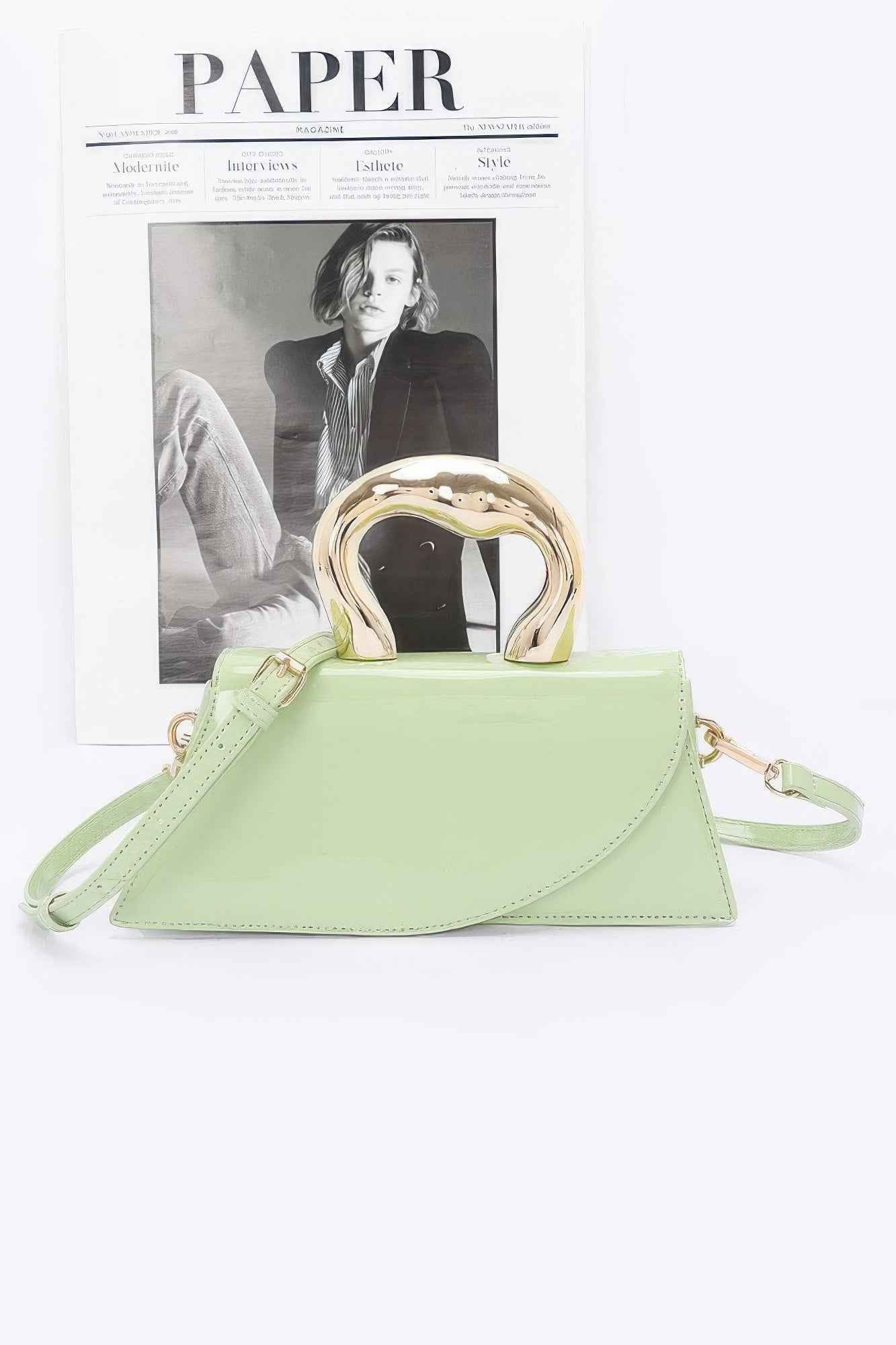 Faux Leather Metal Handle Flap Bag