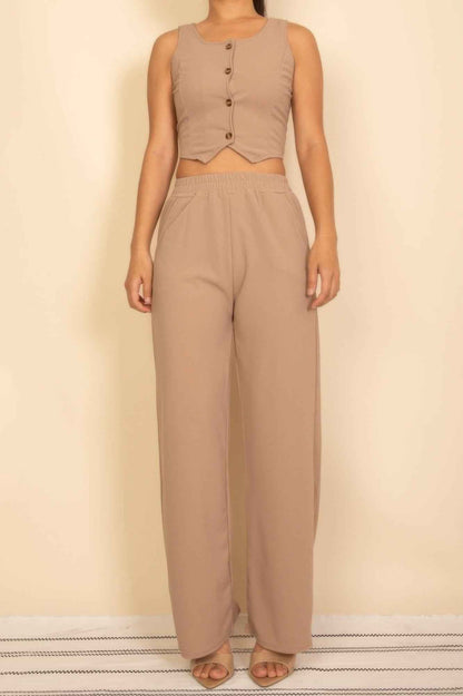 Scoop Neck Button Vest & Wide Leg Pants Set