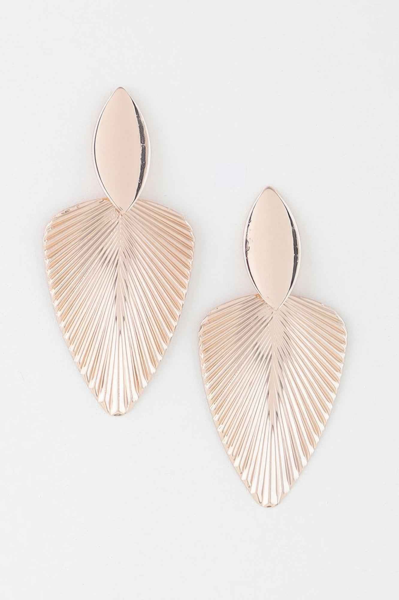 Modern Shiny Ribbed Leaf Drop Earrings