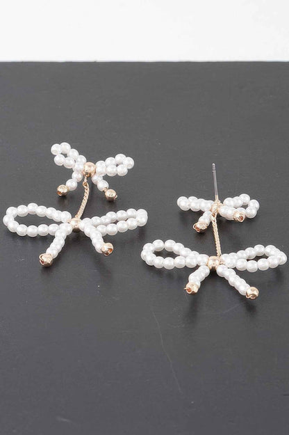 Double Pearl Ribbon Curb Chain Stud Earrings