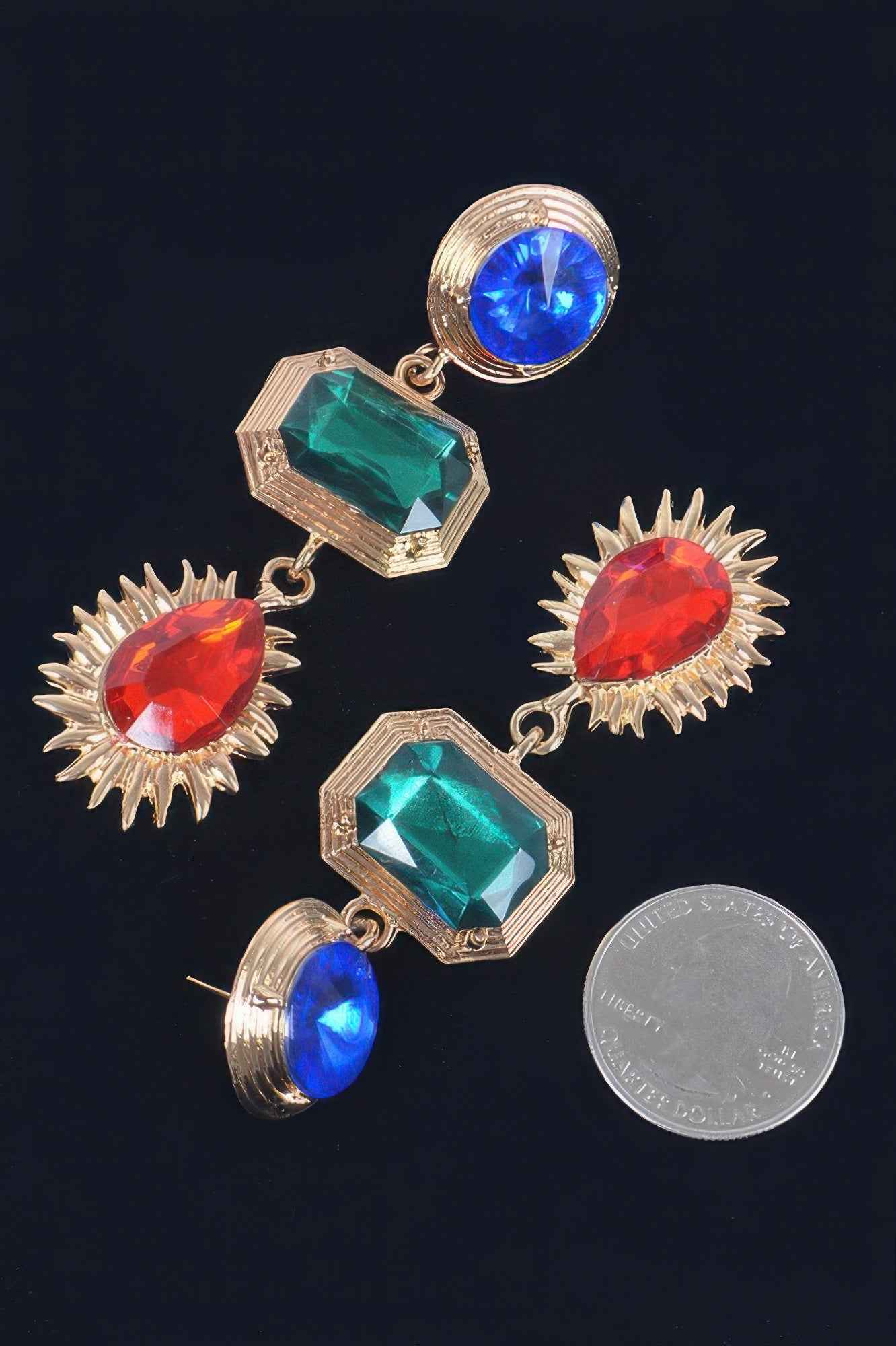 Circle Rectangle Tear Dangle Gem Earrings