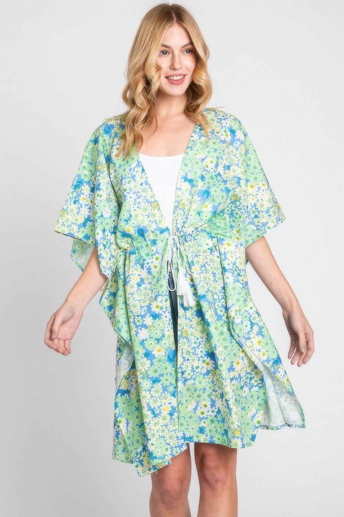 Flower Print Self-tie Drawstring Open Front Cover