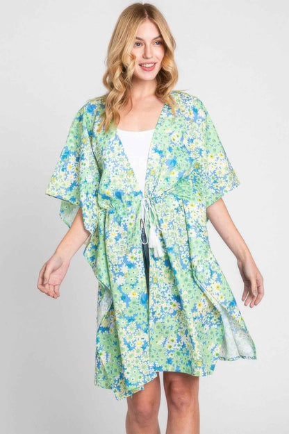 Flower Print Self-tie Drawstring Open Front Cover