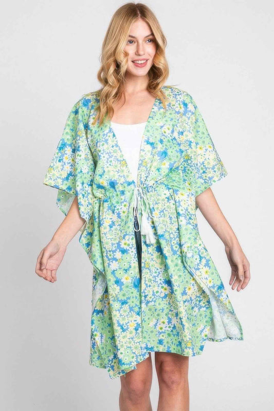 Flower Print Self-tie Drawstring Open Front Cover
