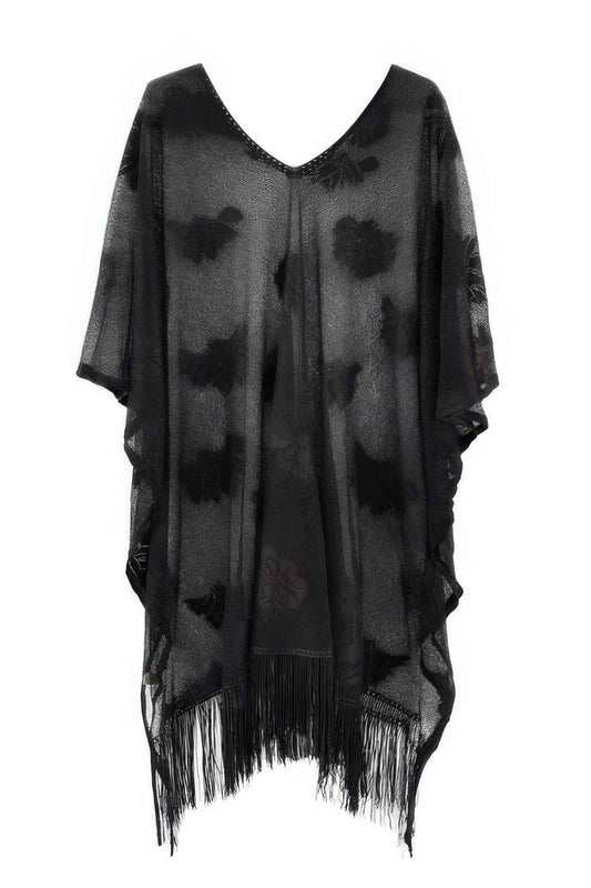 Floral Lace Poncho With Tassel