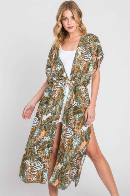 Tropical Leaves Print Self-tie Drawstring Cover Up
