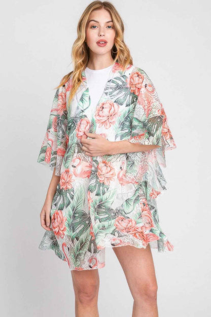 Ruffle Lined Tropical Flamingo Print Open Front