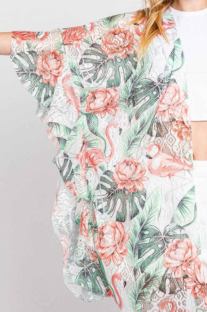 Ruffle Lined Tropical Flamingo Print Open Front