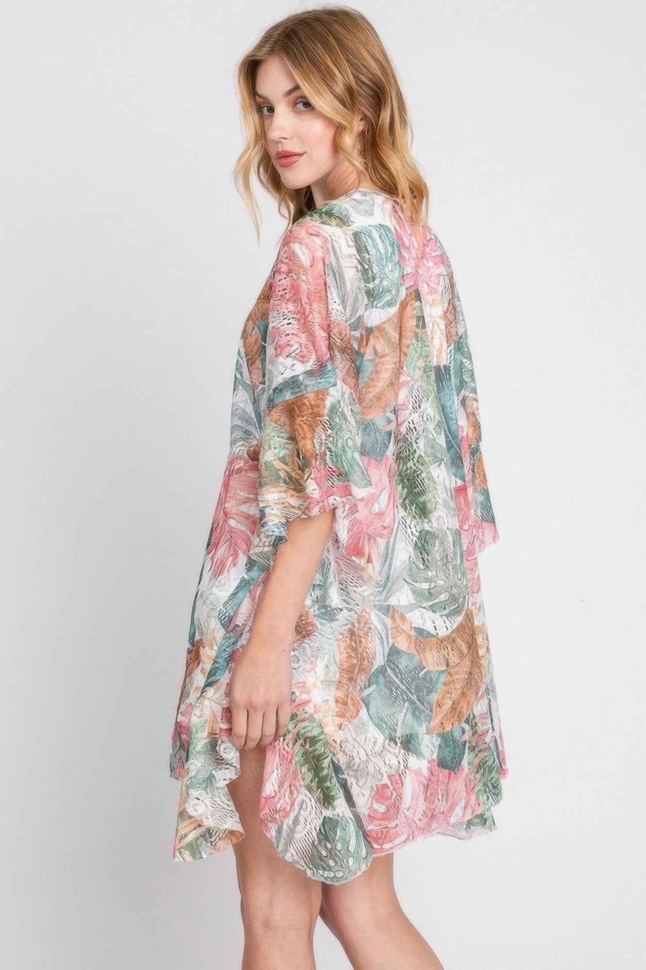 Ruffle Lined Tropical Leaves Print Open Frontcover