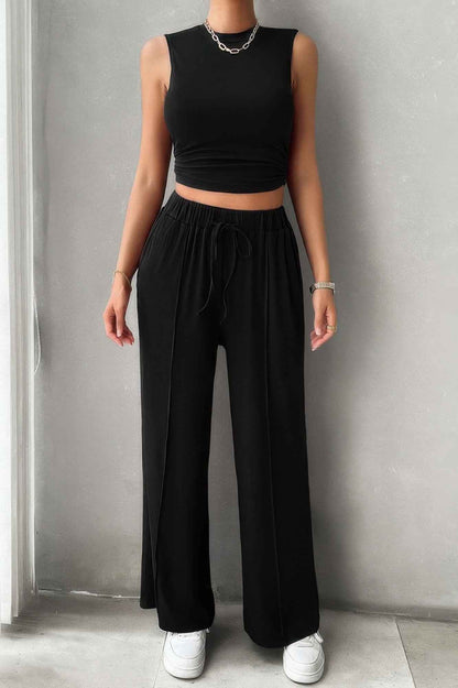 Solid Round Neck Sleeveless Drawstring Pockets Set