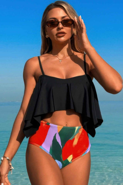 Ruffle Top High Waisted Bottom Tankini Swimsuit