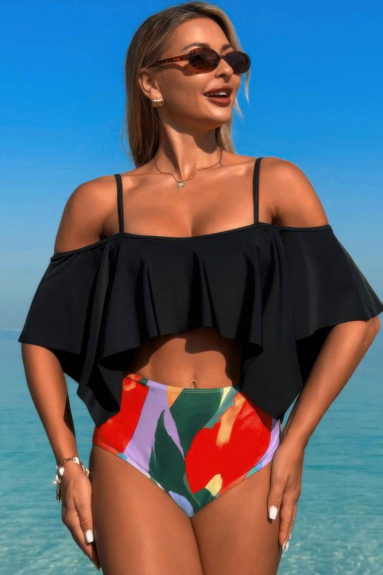Ruffle Top High Waisted Bottom Tankini Swimsuit