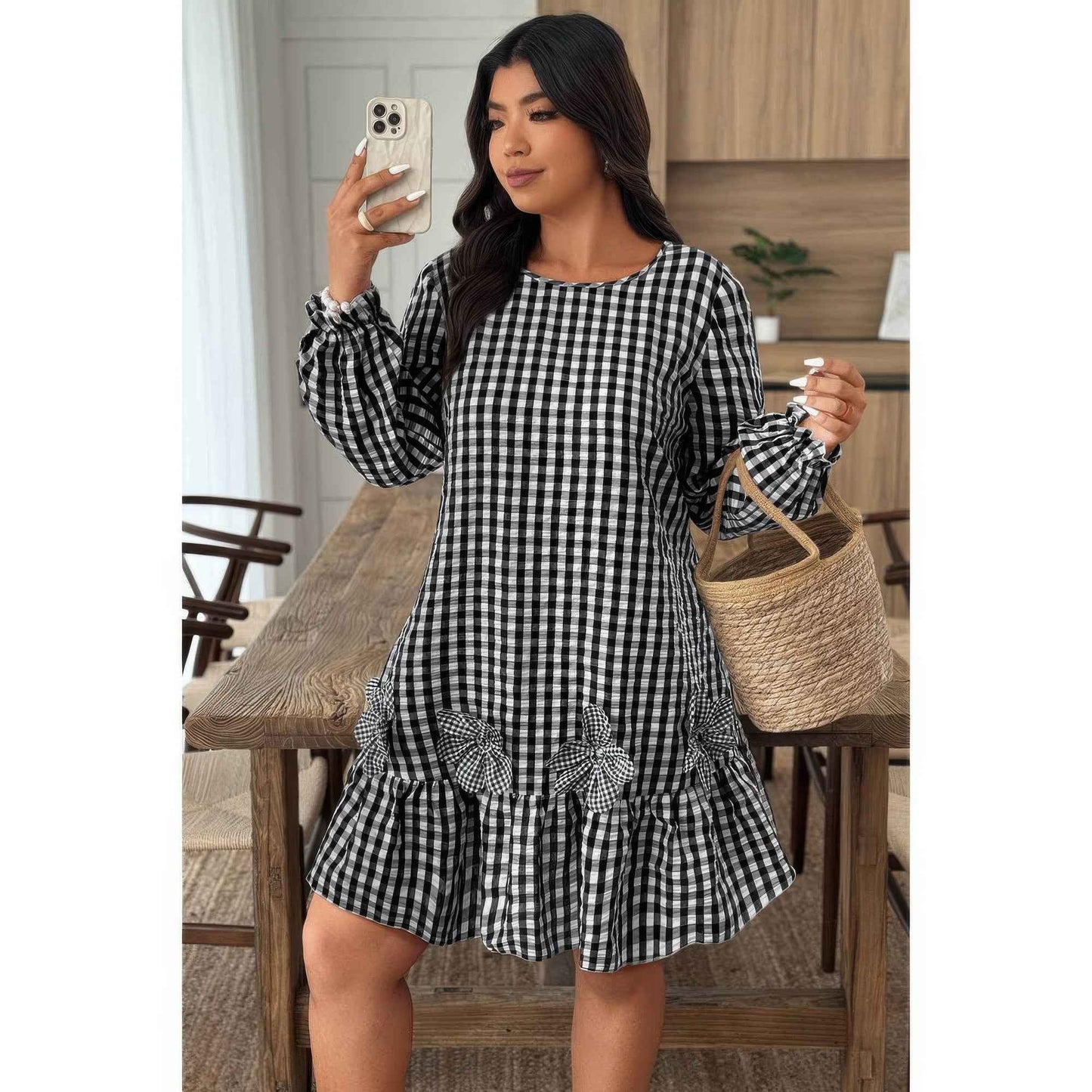 Plus Size Plaid Round Neck Floral Cut Dress
