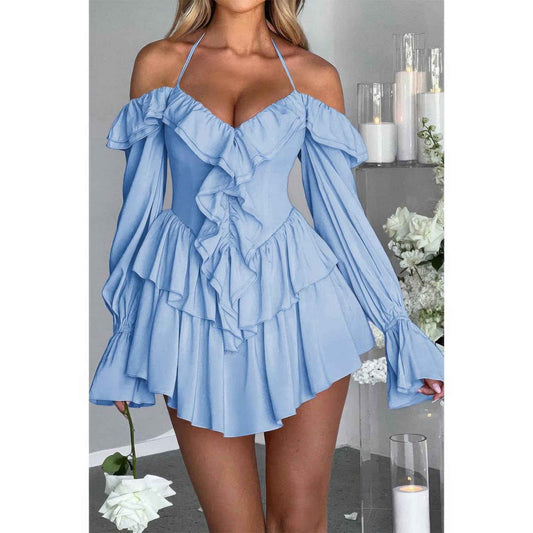 Off Shoulder Corset Ruffle Halter Mini Dress