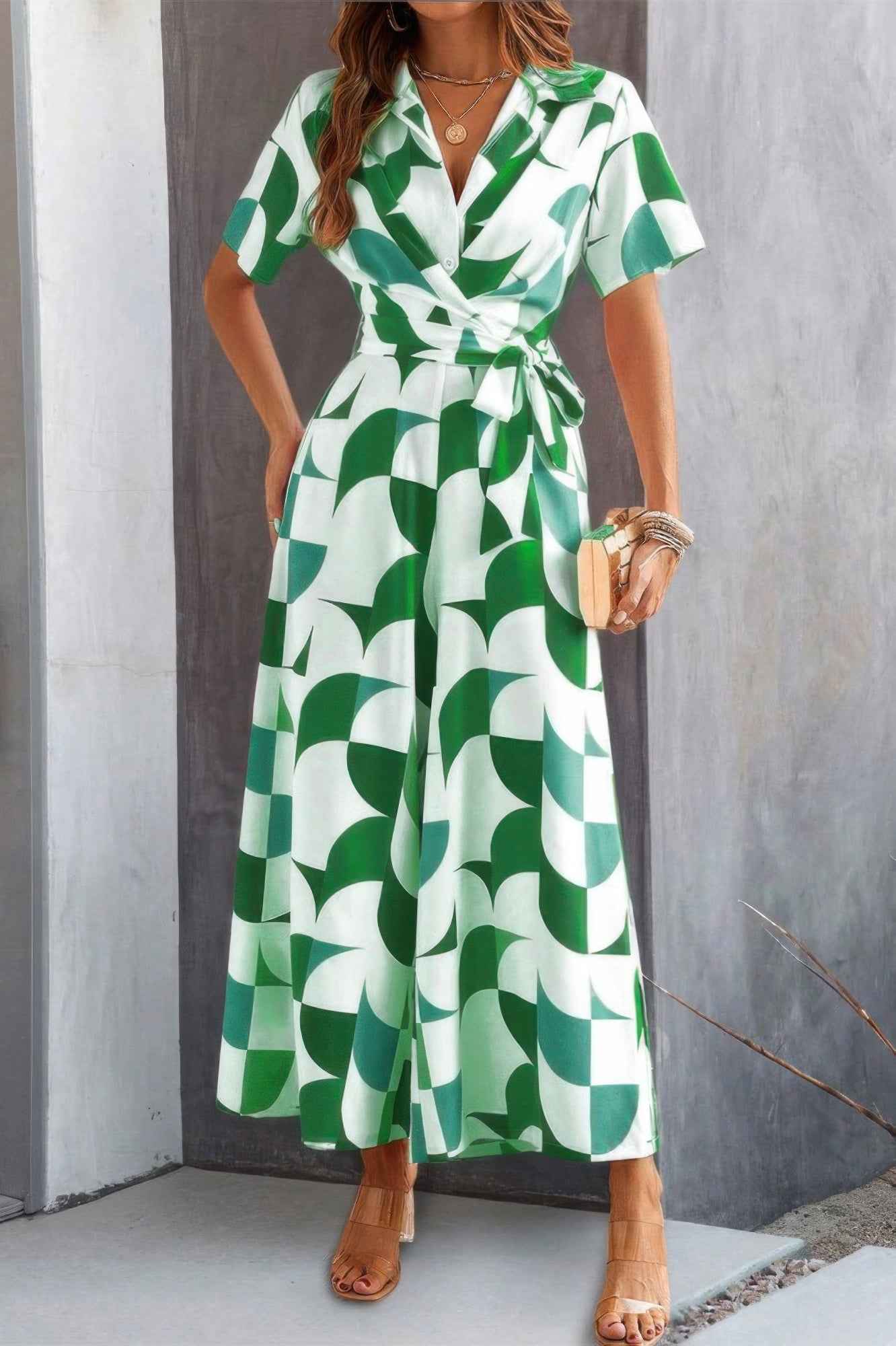 Button Geometric Print Belted Wide Leg Jumpsuit