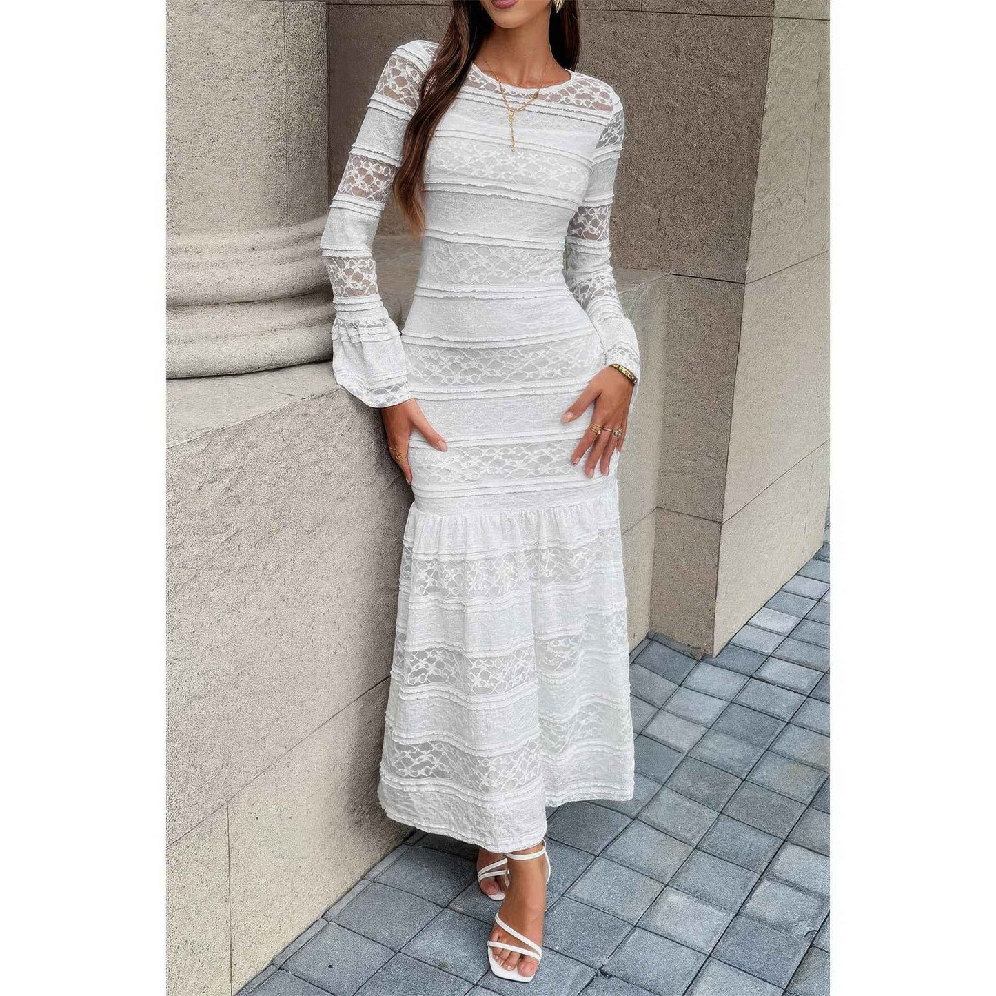 Lace Mermaid Round Neck Solid Maxi Dress