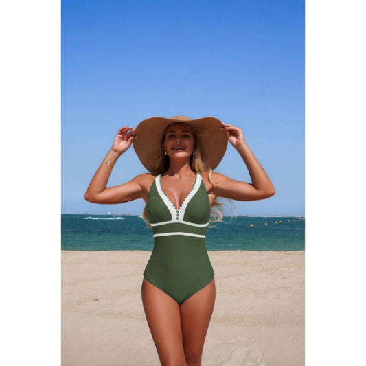 One Piece Color Block V Neck Stretch Swimsuit