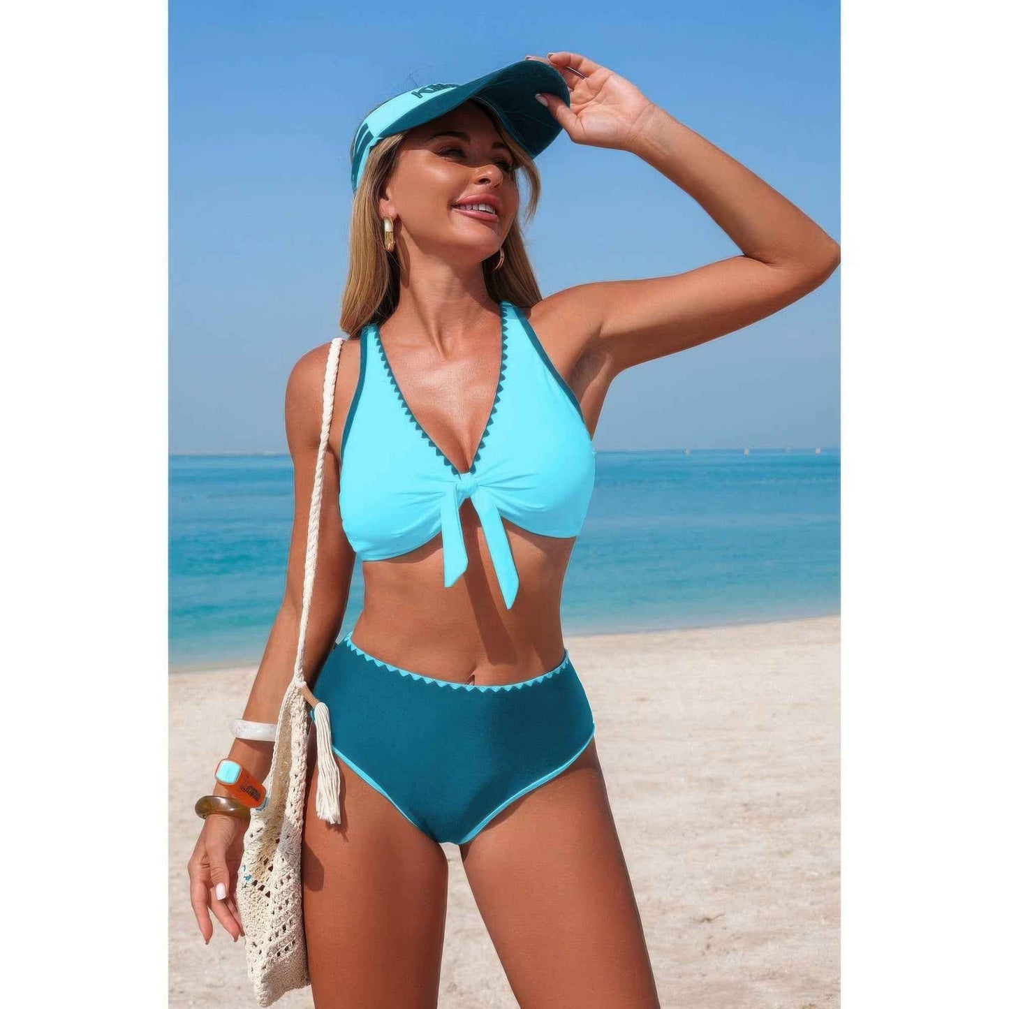 Two Piece Tie Knot Contrast High Waisted Bikini