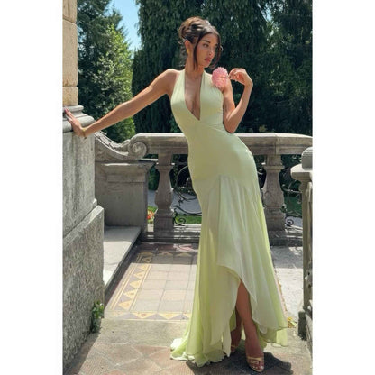 Solid Halter Deep V Backless Maxi Tulle Dress