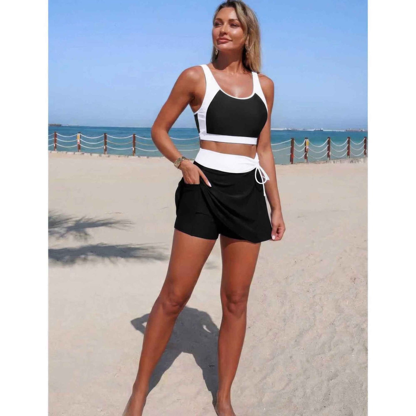 Two Piece Color Block High Waist Tie Up Bikini