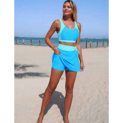 Two Piece Color Block High Waist Tie Up Bikini